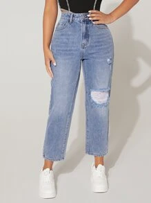 SHEIN PETITE 破洞媽媽牛仔褲 - 中等水洗藍 - 查看 5