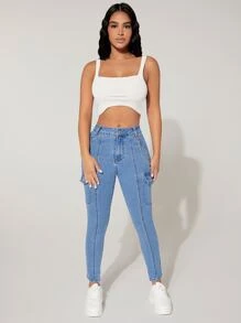 SHEIN PETITE 鏈條細節側翻蓋口袋緊身牛仔褲 - 中等水洗藍 - 查看 4