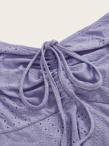 SHEIN Essnce 大碼一字肩泡泡袖前抽繩網眼刺繡T恤 - 紫丁香色 - 查看 3