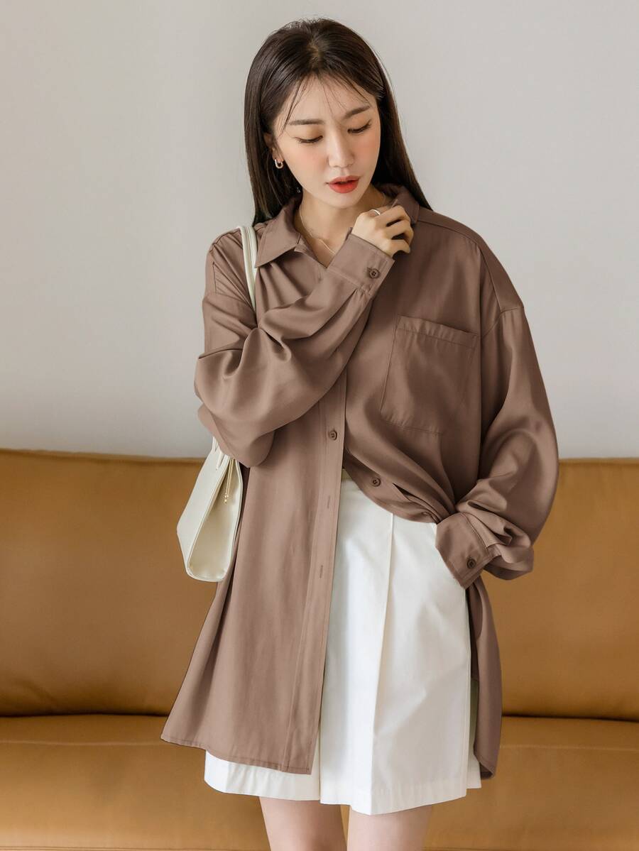 DAZY Camisa con botón delantero de hombros caídos - Marrón Mocha - Ver 1