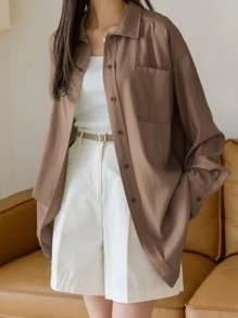 DAZY Camisa con botón delantero de hombros caídos - Marrón Mocha - Ver 4