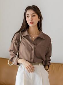 DAZY Camisa con botón delantero de hombros caídos - Marrón Mocha - Ver 5