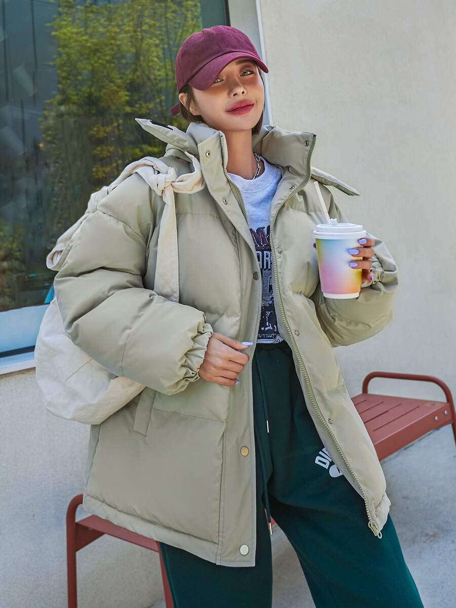 DAZY Abrigo acolchado con capucha, hombros caídos y dobladillo con cordón - Verde - Ver 1