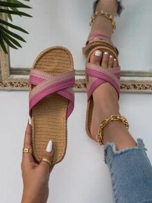 Striped Pattern Cross Strap Slides