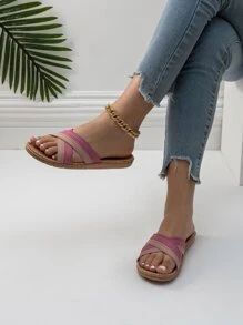 Striped Pattern Cross Strap Slides