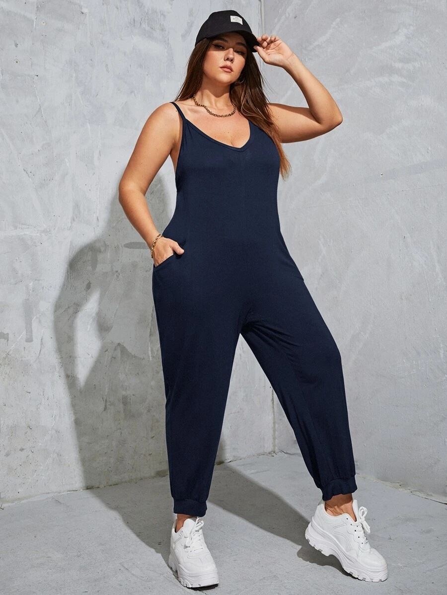 SHEIN EZwear Plus Slant Pocket Cami Jumpsuit - Navy Blue - View 1