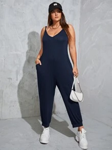 SHEIN EZwear Mono de tirantes con bolsillo oblicuo - Azul Marino - Ver 3