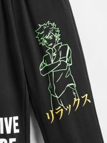 SHEIN Boys Reflective Figure & Slogan Graphic Joggers - Black - View 3