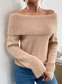 Foldover Off Shoulder Jumper - Khaki - View 5