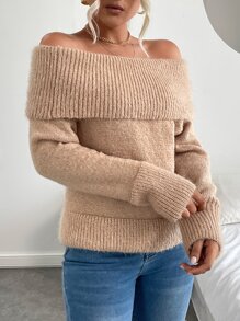Foldover Off Shoulder Jumper - Khaki - View 3