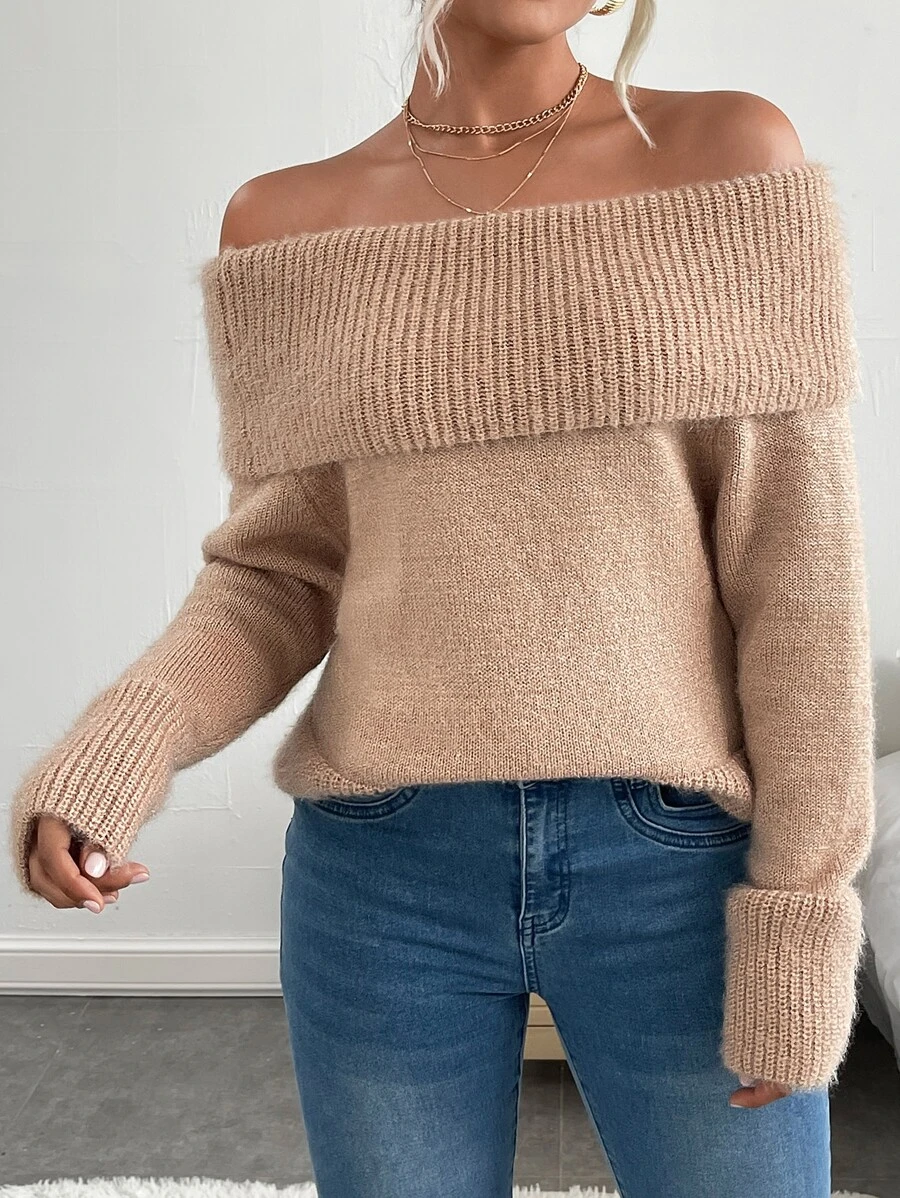 Foldover Off Shoulder Jumper - Khaki - View 1
