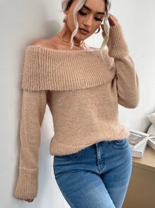 Foldover Off Shoulder Jumper - Khaki - View 6