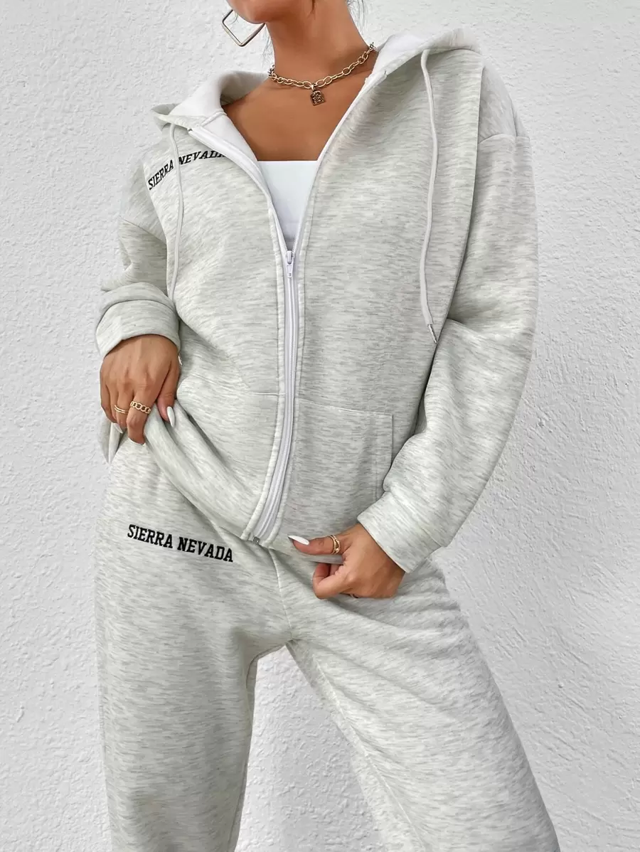 Flirla Letter Graphic Zip Up Drop Shoulder Hoodie & Joggers - Light Grey - View 1