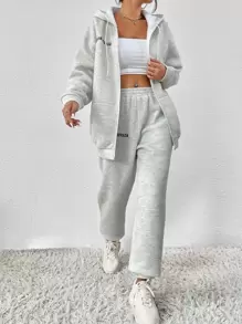 Flirla Letter Graphic Zip Up Drop Shoulder Hoodie & Joggers - Light Grey - View 3