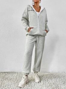 Flirla Letter Graphic Zip Up Drop Shoulder Hoodie & Joggers - Light Grey - View 5