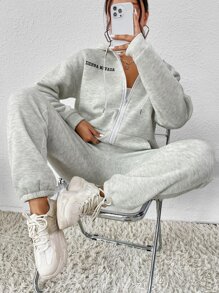 Flirla Letter Graphic Zip Up Drop Shoulder Hoodie & Joggers - Light Grey - View 6