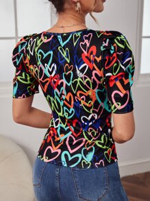 SHEIN Clasi 滿版心形印花方領泡泡袖T恤 - 黑色 - 查看 2