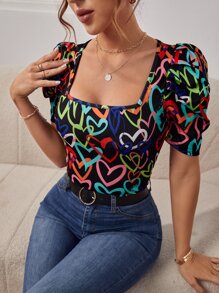 SHEIN Clasi 滿版心形印花方領泡泡袖T恤 - 黑色 - 查看 4