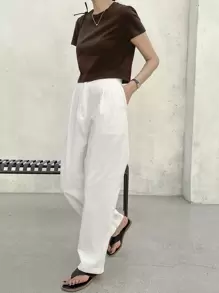 Dazy-Less 纯色圆领短款T恤，复古风夏季商务休闲女士工作服