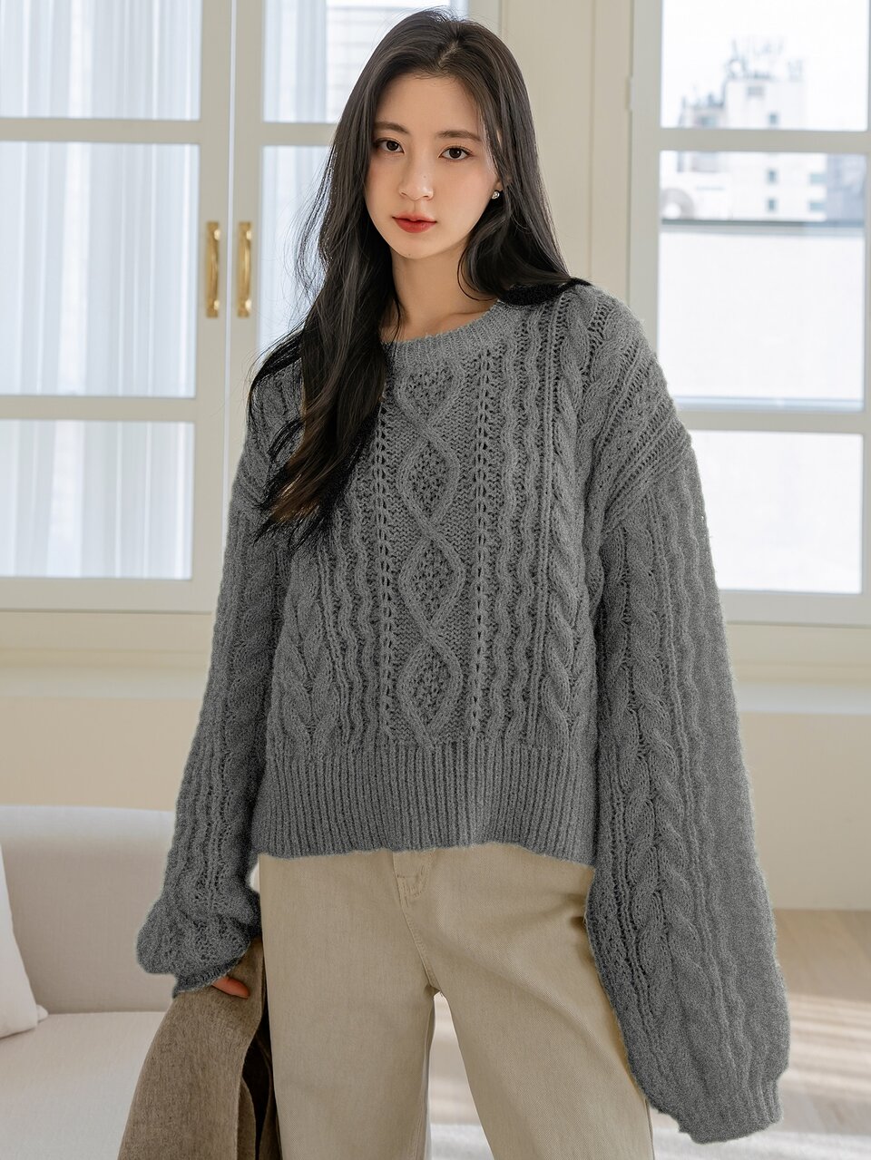 Cable Knit Drop Shoulder Sweater