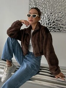 DAZY Zip Up Drop Shoulder Crop Teddy Jacket - Coffee Brown - View 3