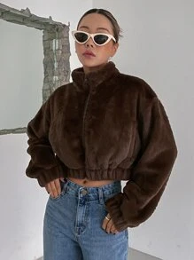 DAZY Zip Up Drop Shoulder Crop Teddy Jacket - Coffee Brown - View 2