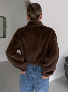 DAZY Zip Up Drop Shoulder Crop Teddy Jacket - Coffee Brown - View 4