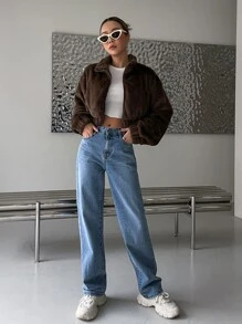 DAZY Zip Up Drop Shoulder Crop Teddy Jacket - Coffee Brown - View 7