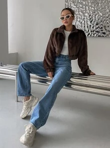 DAZY Zip Up Drop Shoulder Crop Teddy Jacket - Coffee Brown - View 6