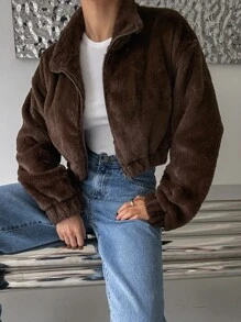 DAZY Zip Up Drop Shoulder Crop Teddy Jacket - Coffee Brown - View 5