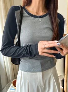 DAZY 兩色調撥線針織tee - 彩色 - 查看 1