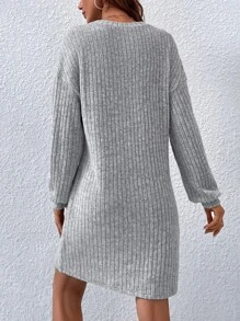 SHEIN LUNE Ribbed Knit Drop Shoulder Dress Without Belt - Light Grey - View 3
