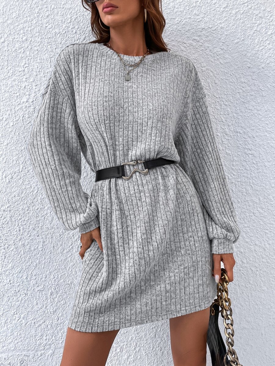 SHEIN LUNE Ribbed Knit Drop Shoulder Dress Without Belt - Light Grey - View 1