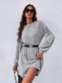 SHEIN LUNE Ribbed Knit Drop Shoulder Dress Without Belt - Light Grey - View 4
