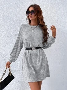 SHEIN LUNE Ribbed Knit Drop Shoulder Dress Without Belt - Light Grey - View 5