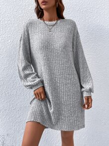 SHEIN LUNE Ribbed Knit Drop Shoulder Dress Without Belt - Light Grey - View 6