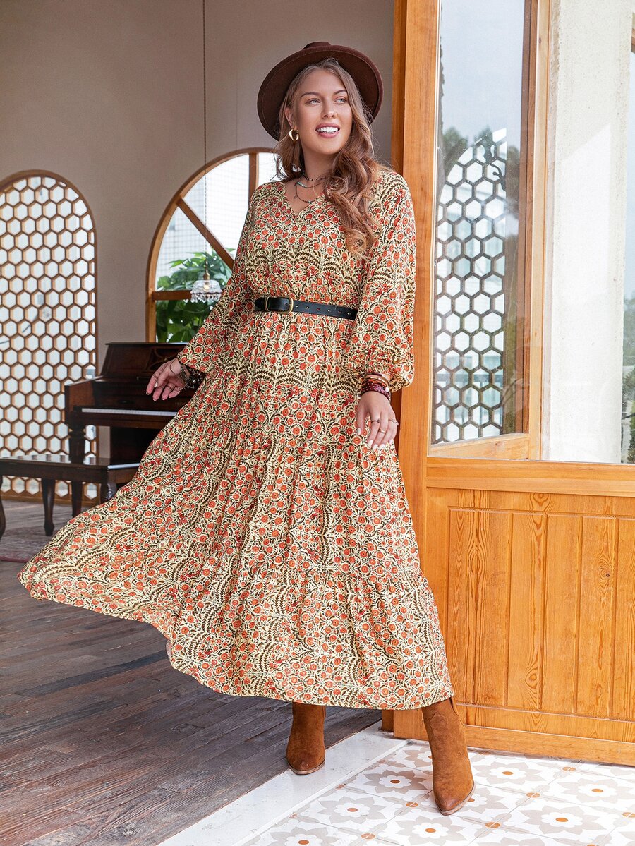 Rusttydustty Plus Floral Print Lantern Sleeve Without Belt - Multicolor - View 1