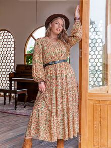 Rusttydustty Plus Floral Print Lantern Sleeve Without Belt - Multicolor - View 3