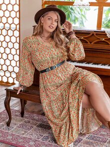 Rusttydustty Plus Floral Print Lantern Sleeve Without Belt - Multicolor - View 6