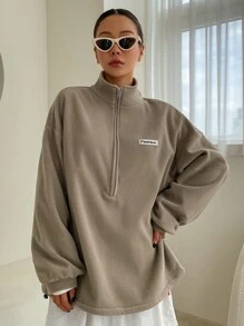 DAZY Quarter Zip Patch Detail Drop Shoulder Fleece Sweatshirt - Khaki - View 5