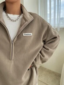 DAZY Quarter Zip Patch Detail Drop Shoulder Fleece Sweatshirt - Khaki - View 6