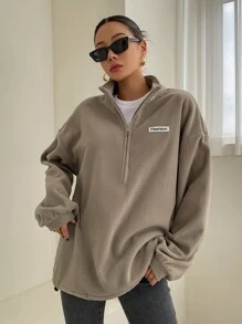 DAZY Quarter Zip Patch Detail Drop Shoulder Fleece Sweatshirt - Khaki - View 7