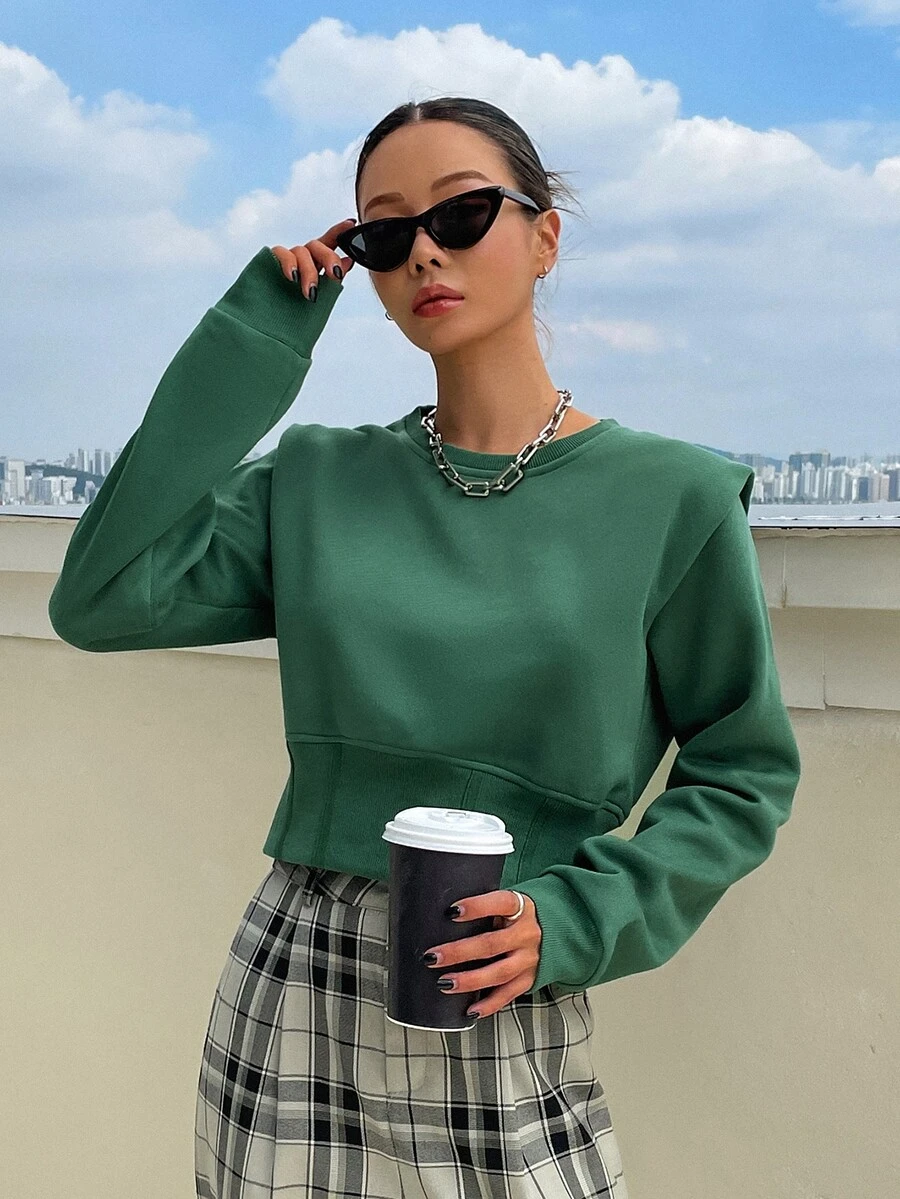 DAZY 素色圓領短款運動衫 - 綠色 - 查看 1