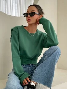 DAZY 素色圓領短款運動衫 - 綠色 - 查看 3