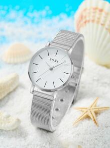 SOKI 1入網帶圓形指針石英手錶＆1入手鐲度假套裝 - 銀色 - 查看 2