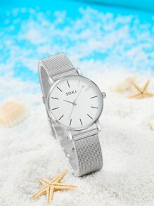 SOKI 1入網帶圓形指針石英手錶＆1入手鐲度假套裝 - 銀色 - 查看 4