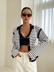 DAZY 條紋圖案落肩袖開襟衫 - 黑與白 - 查看 5