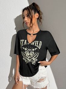 SHEIN EZwear Tiger & Letter Graphic Keyhole Neck Tee-Black