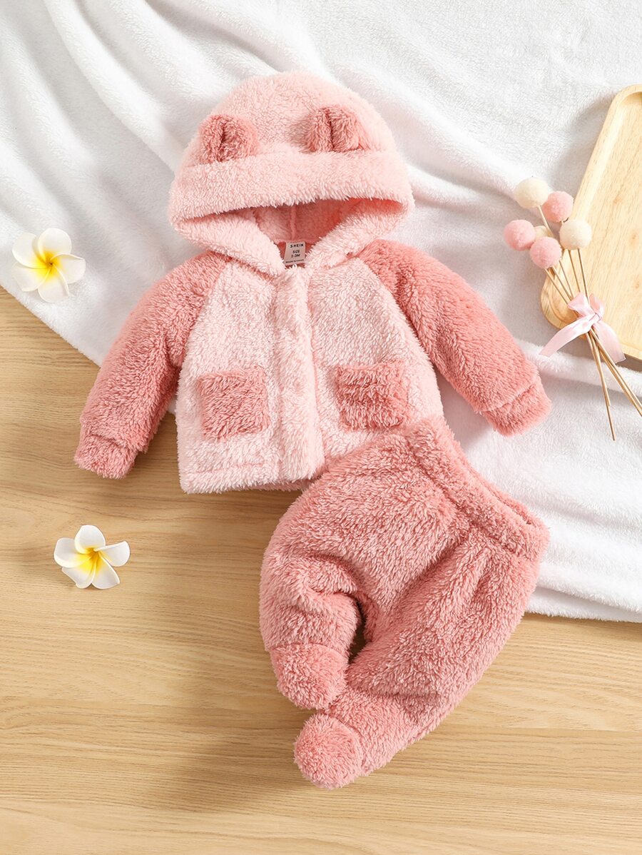 Bebé Conjunto de pijama de dos tonos de manga raglán con diseño de orejas 3D con capucha de pie - Rosa - Ver 1