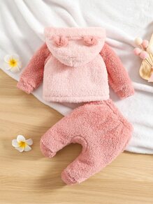 Bebé Conjunto de pijama de dos tonos de manga raglán con diseño de orejas 3D con capucha de pie - Rosa - Ver 2
